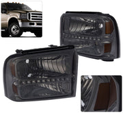Ford F250 F350 F450 Super Duty 2005-2007 Factory Style LED Headlights Chrome Housing Smoke Len Amber Reflector - Parts Agent