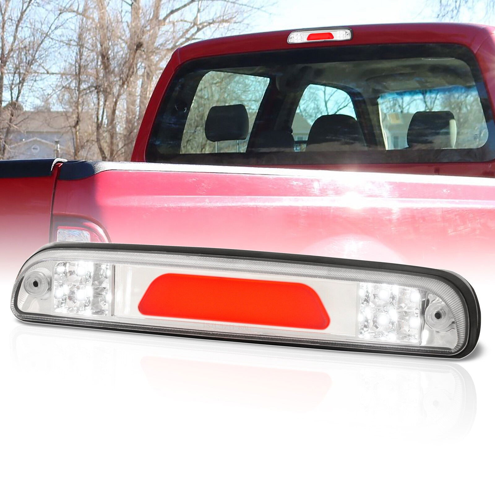 Ford F250 F350 F450 (Super Duty Models Only) 1999-2016 / Ford Ranger 1993-2011 / Mazda B2300 B2500 B300 B400 1995-2003 LED Bar 3rd Brake Light Chrome Housing Clear Len (Version 2) - Parts Agent