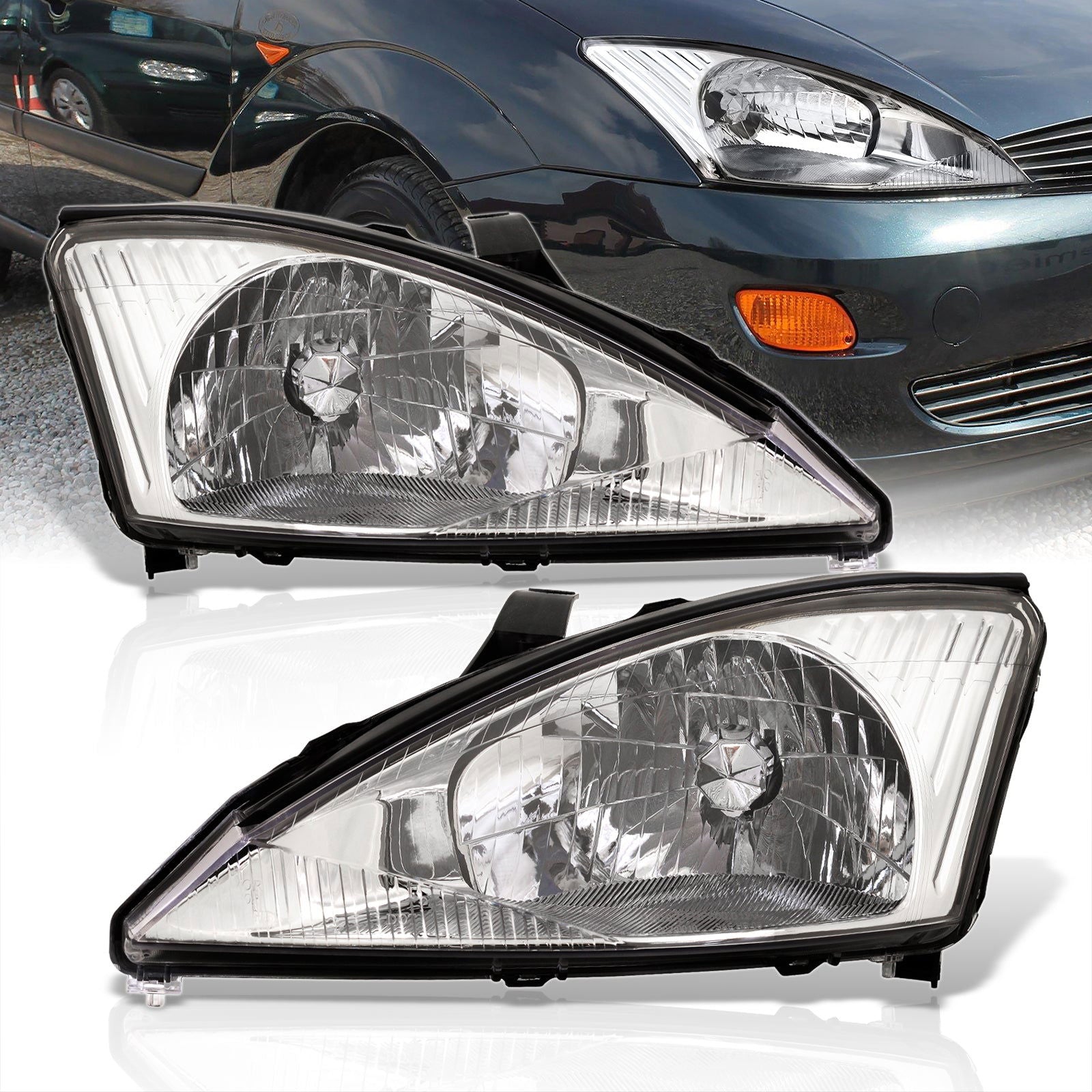 Ford Focus 2000-2004 Factory Style Headlights Chrome Housing Clear Len Clear Reflector - Parts Agent
