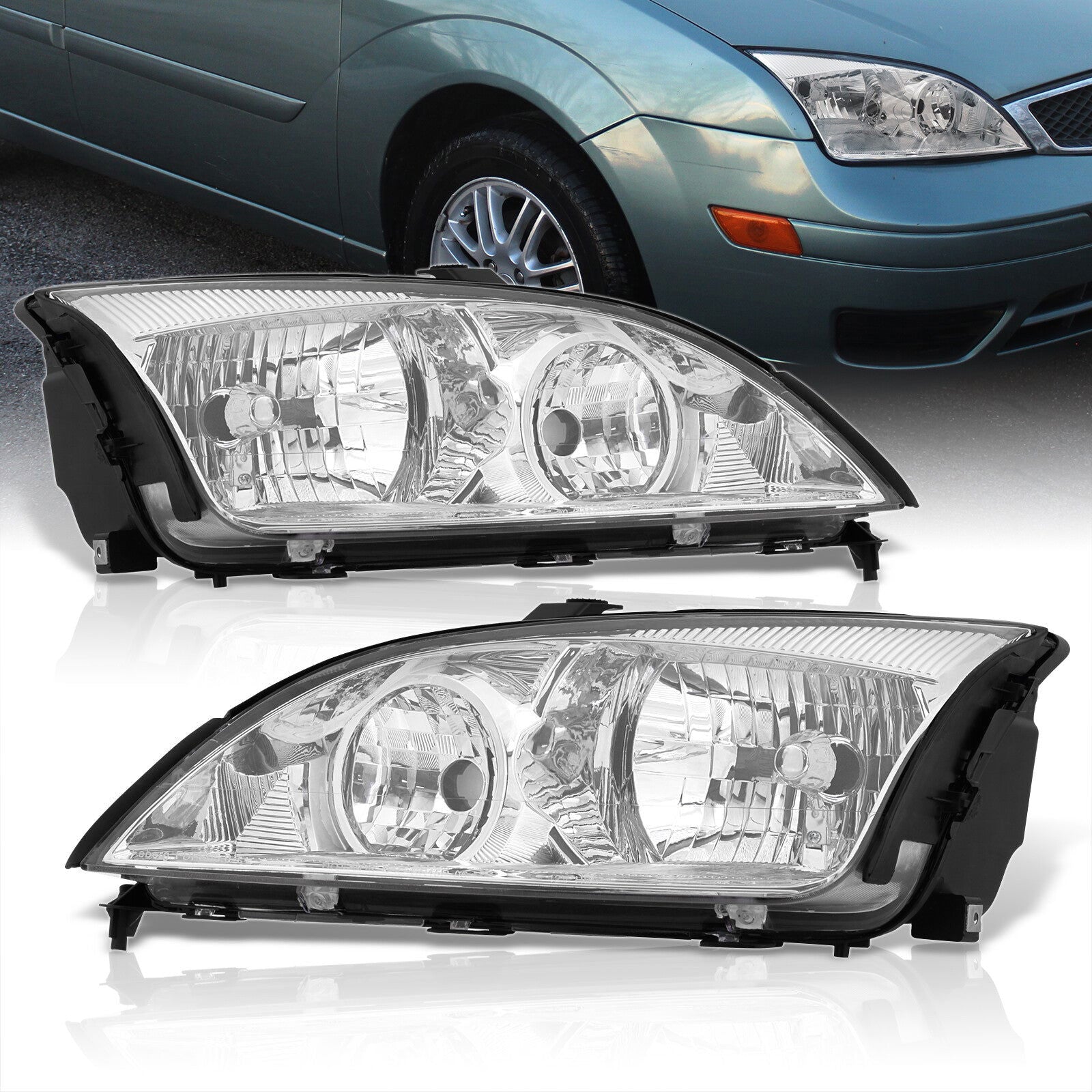 Ford Focus 2005-2007 Factory Style Headlights Chrome Housing Clear Len Clear Reflector - Parts Agent