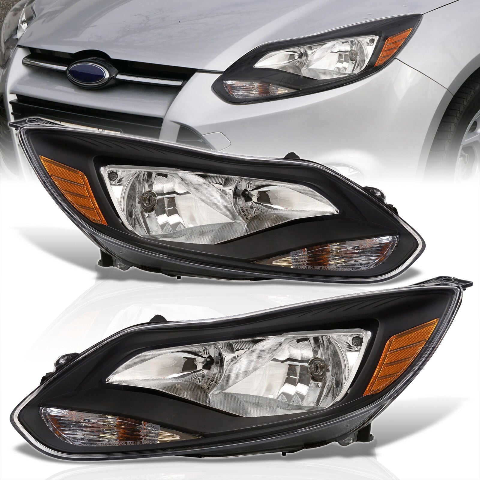 Ford Focus 2012-2014 Factory Style Headlights Black Housing Clear Len Amber Reflector - Parts Agent