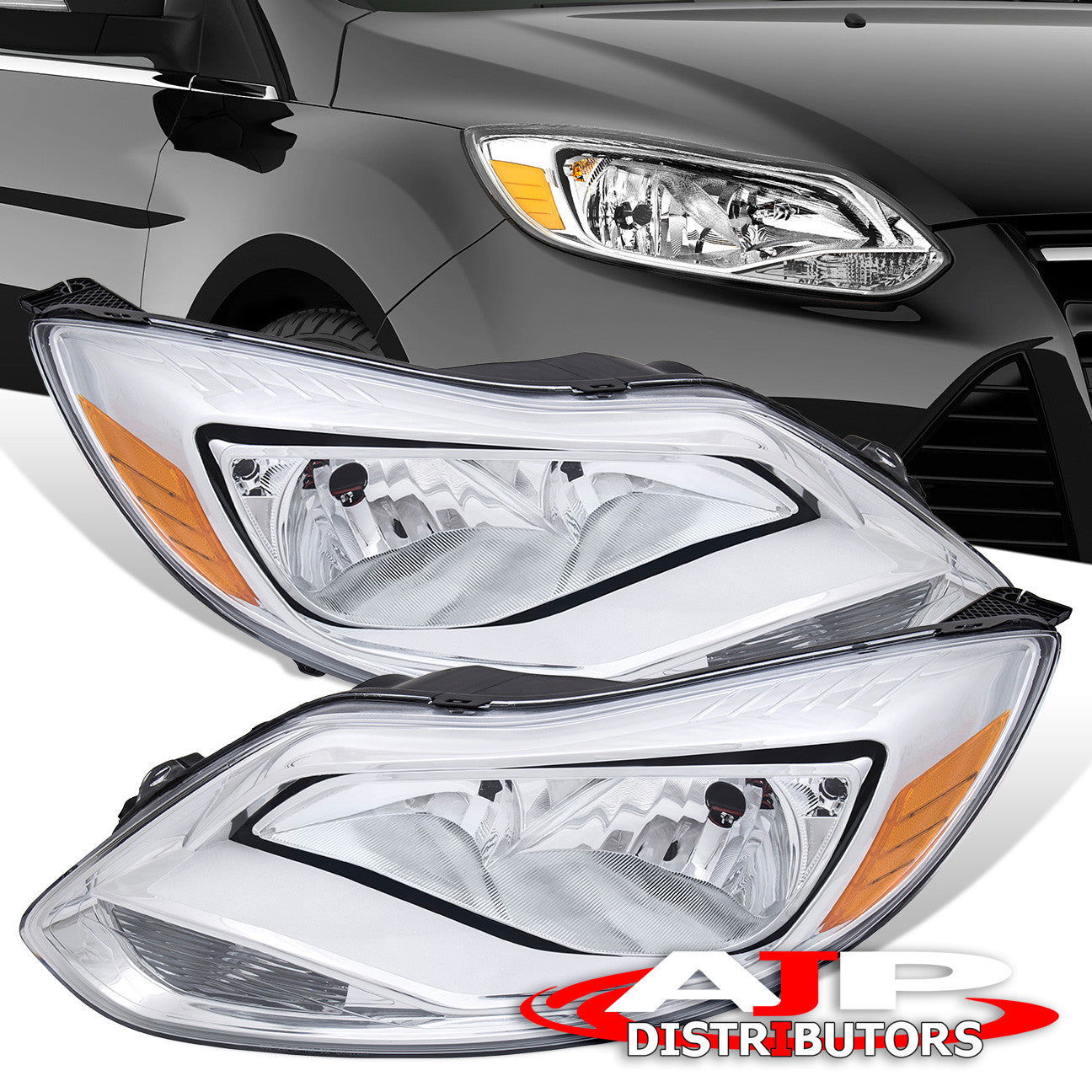 Ford Focus 2012-2014 Factory Style Headlights Chrome Housing Clear Len Amber Reflector - Parts Agent