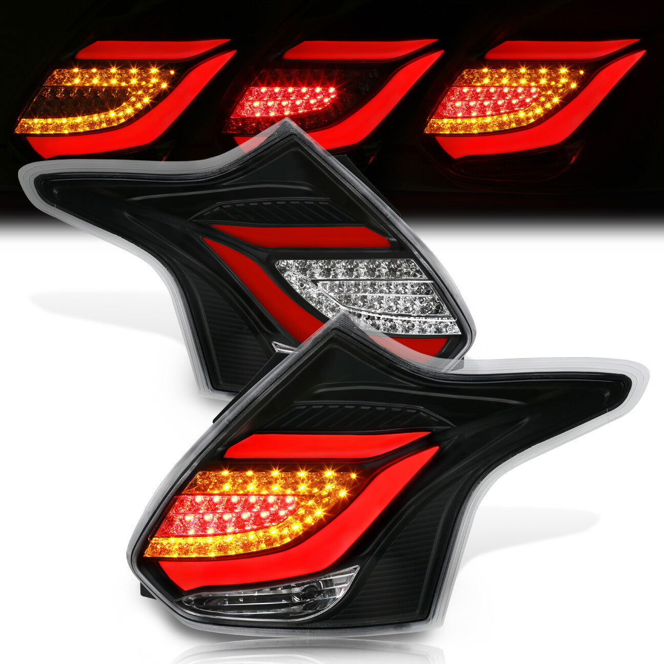Ford Focus Hatchback 2012-2014 LED Bar Tail Lights Black Housing Clear Len Red Tube - Parts Agent