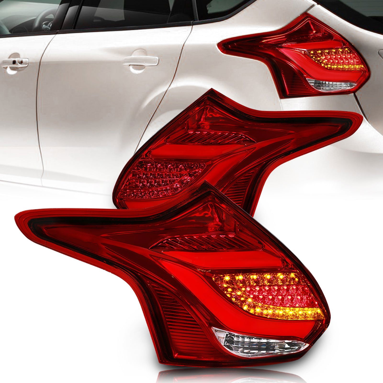 Ford Focus Hatchback 2012-2014 LED Bar Tail Lights Chrome Housing Red Len White Tube - Parts Agent