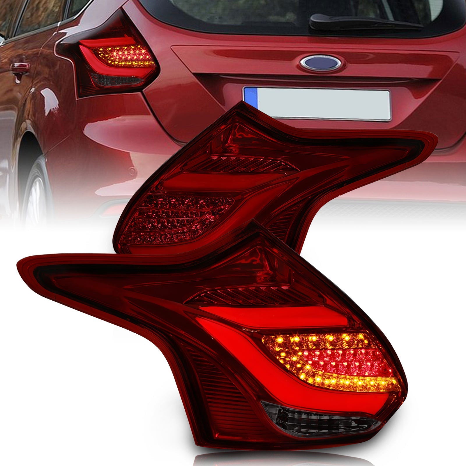 Ford Focus Hatchback 2012-2014 LED Bar Tail Lights Chrome Housing Red Smoke Len White Tube - Parts Agent