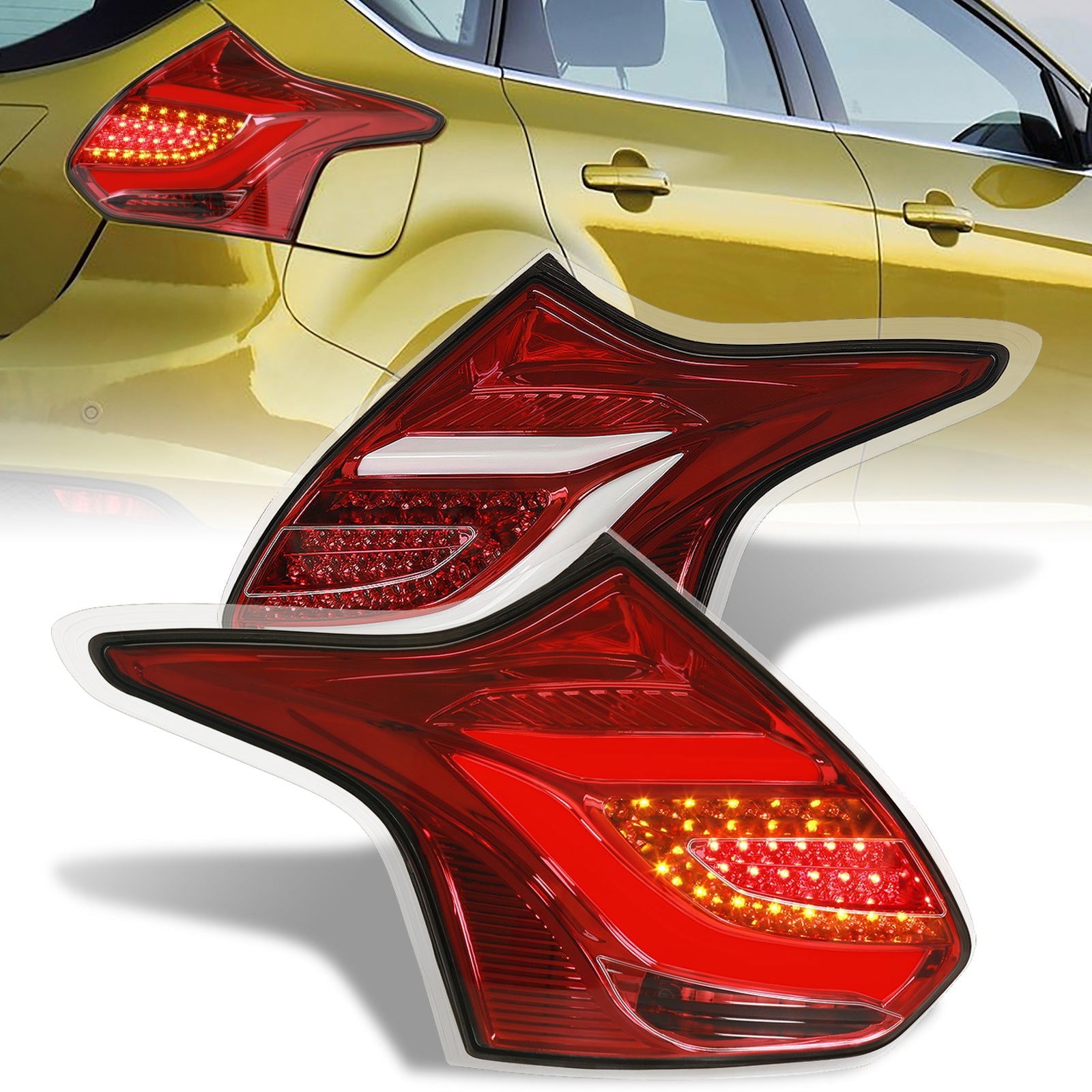 Ford Focus Hatchback 2012-2014 LED Bar Tail Lights Red Housing Clear Len White Tube - Parts Agent