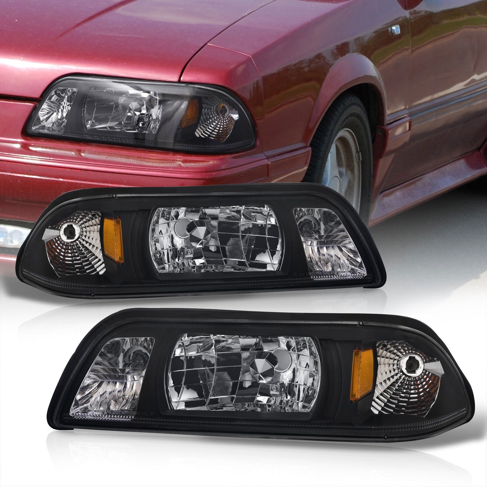Ford Mustang 1987-1993 1 Piece Style Headlights + Corners Black Housing Clear Len Amber Reflector - Parts Agent