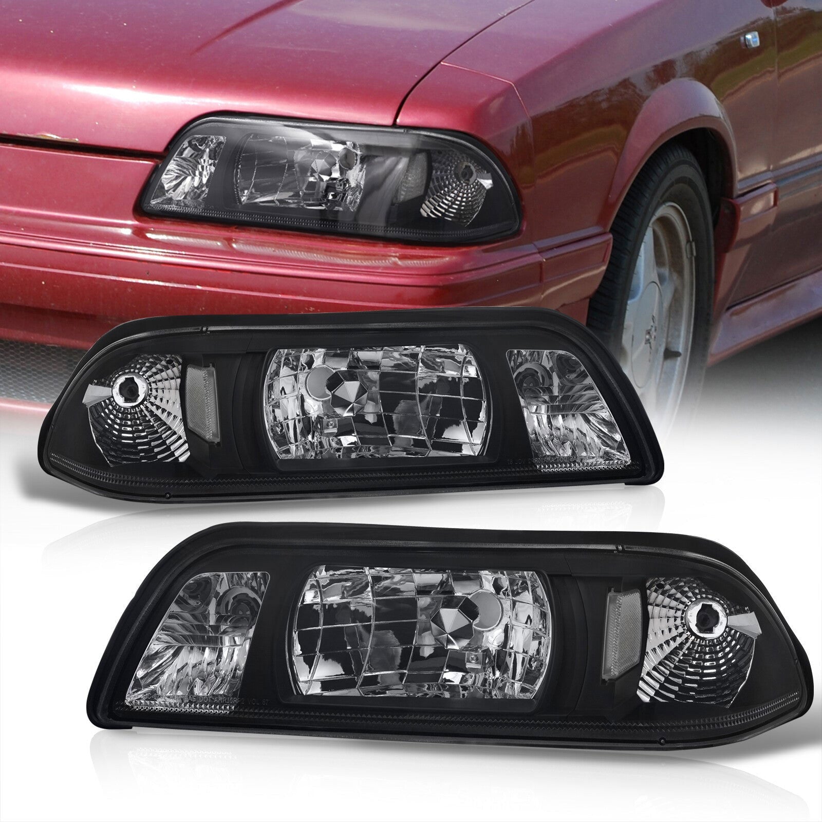 Ford Mustang 1987-1993 1 Piece Style Headlights + Corners Black Housing Clear Len Clear Reflector - Parts Agent