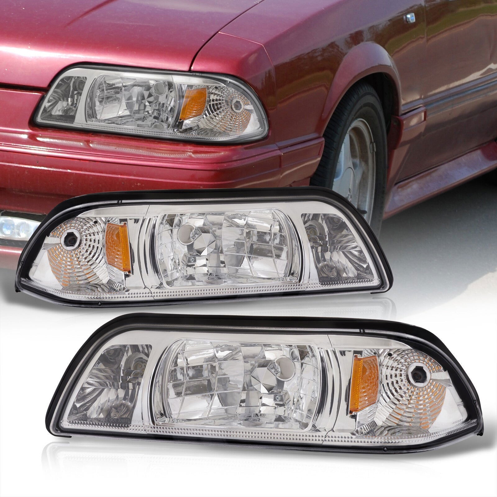 Ford Mustang 1987-1993 1 Piece Style Headlights + Corners Chrome Housing Clear Len Amber Reflector - Parts Agent