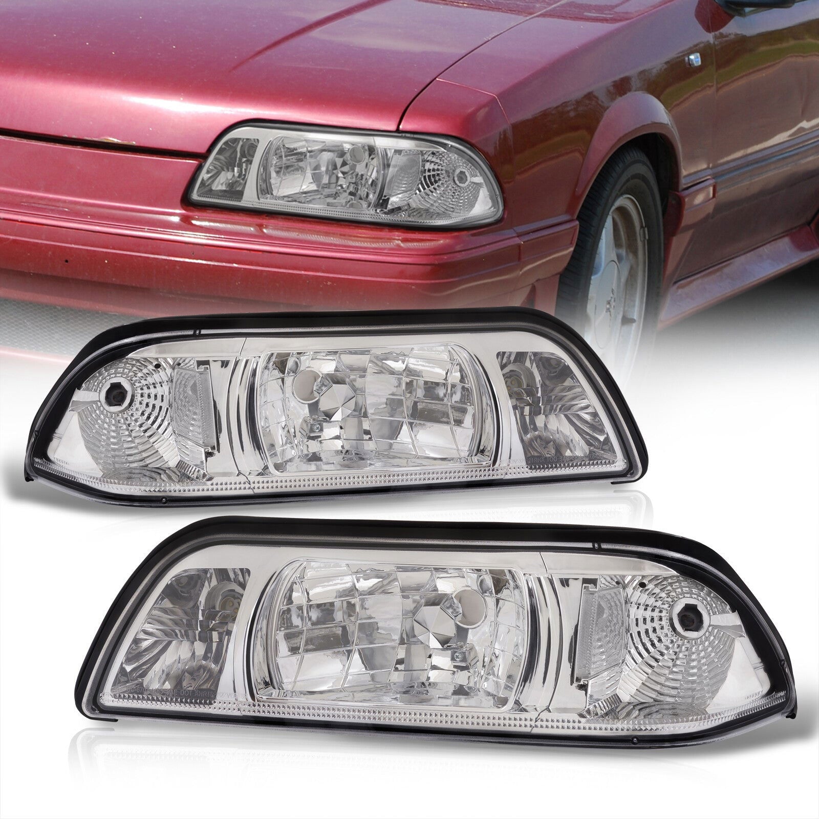 Ford Mustang 1987-1993 1 Piece Style Headlights + Corners Chrome Housing Clear Len Clear Reflector - Parts Agent