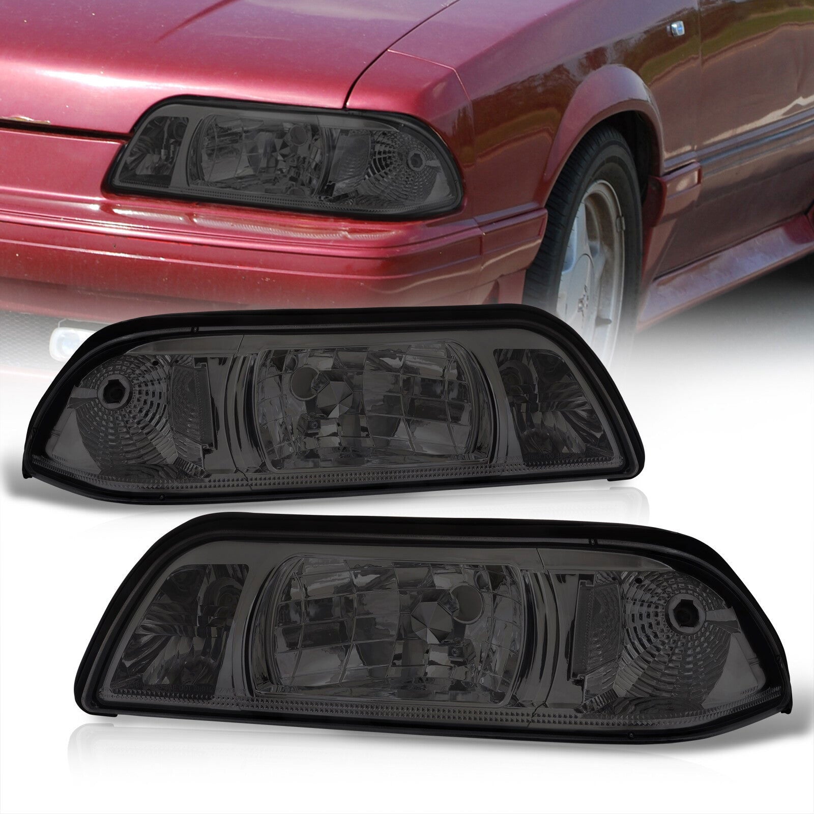 Ford Mustang 1987-1993 1 Piece Style Headlights + Corners Chrome Housing Smoke Len Clear Reflector - Parts Agent