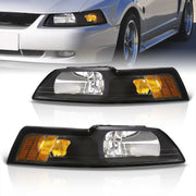 Ford Mustang 1999-2004 Factory Style Headlights Black Housing Clear Len Amber Reflector - Parts Agent