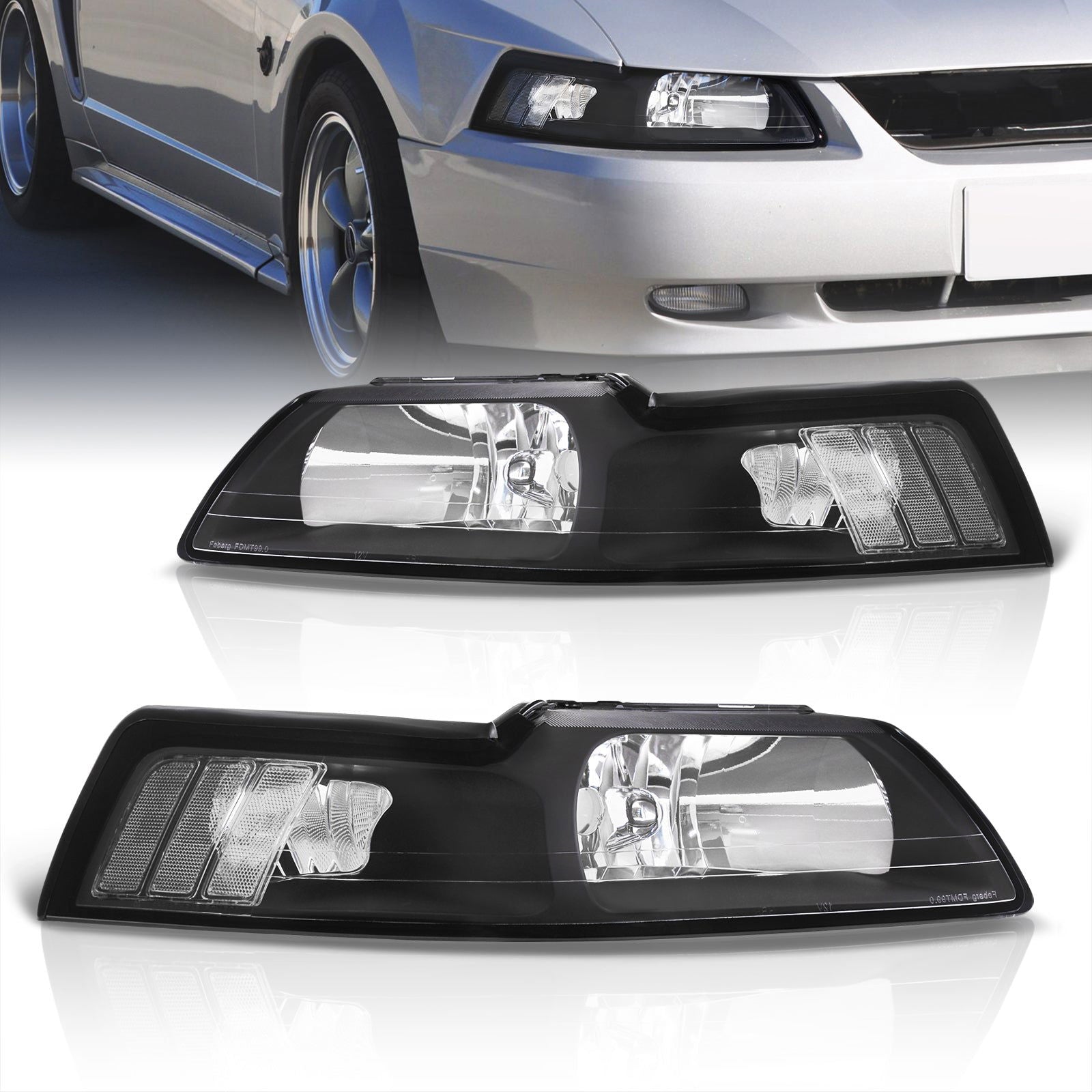 Ford Mustang 1999-2004 Factory Style Headlights Black Housing Clear Len Clear Reflector - Parts Agent