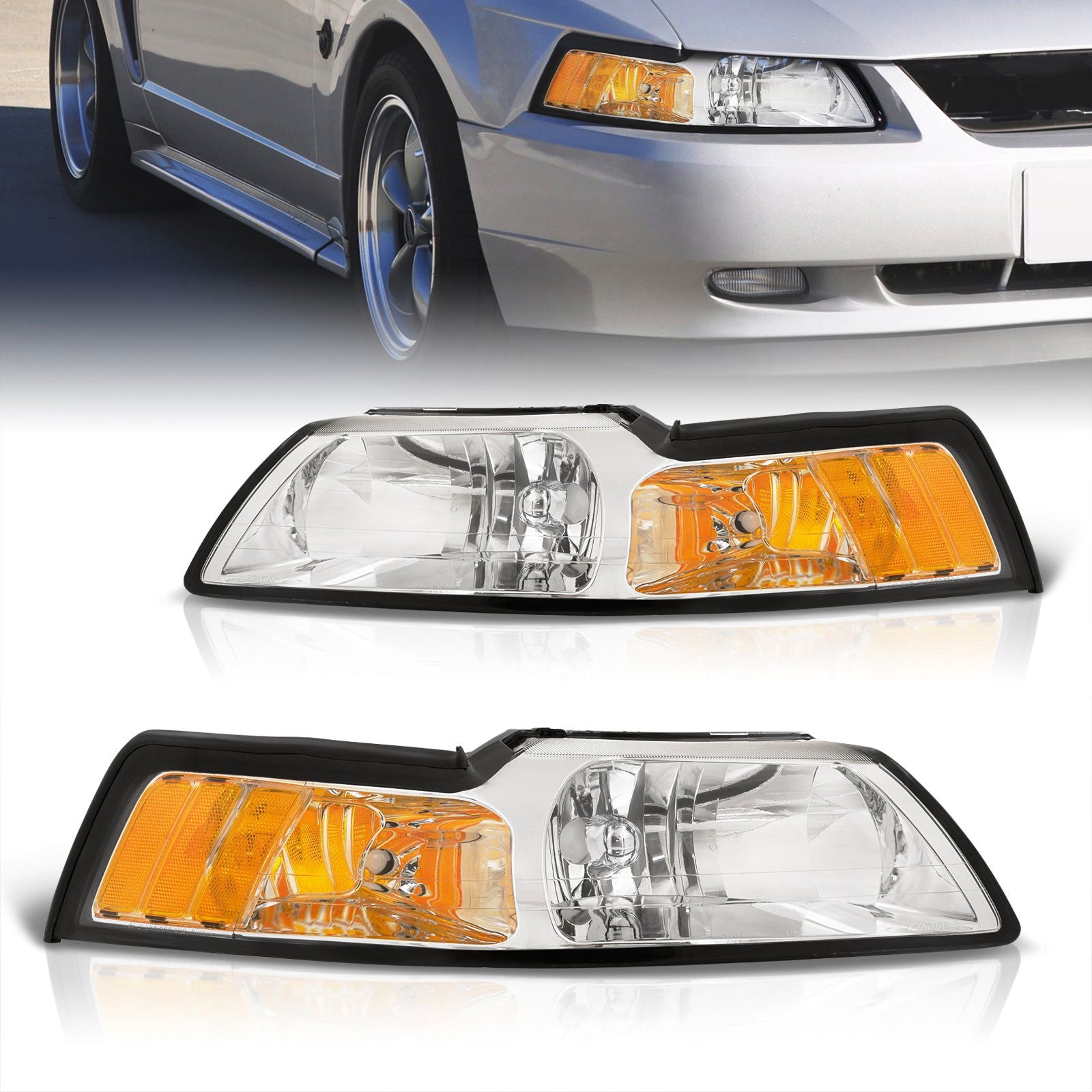 Ford Mustang 1999-2004 Factory Style Headlights Chrome Housing Clear Len Amber Reflector - Parts Agent