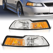 Ford Mustang 1999-2004 Factory Style Headlights Chrome Housing Clear Len Amber Reflector - Parts Agent