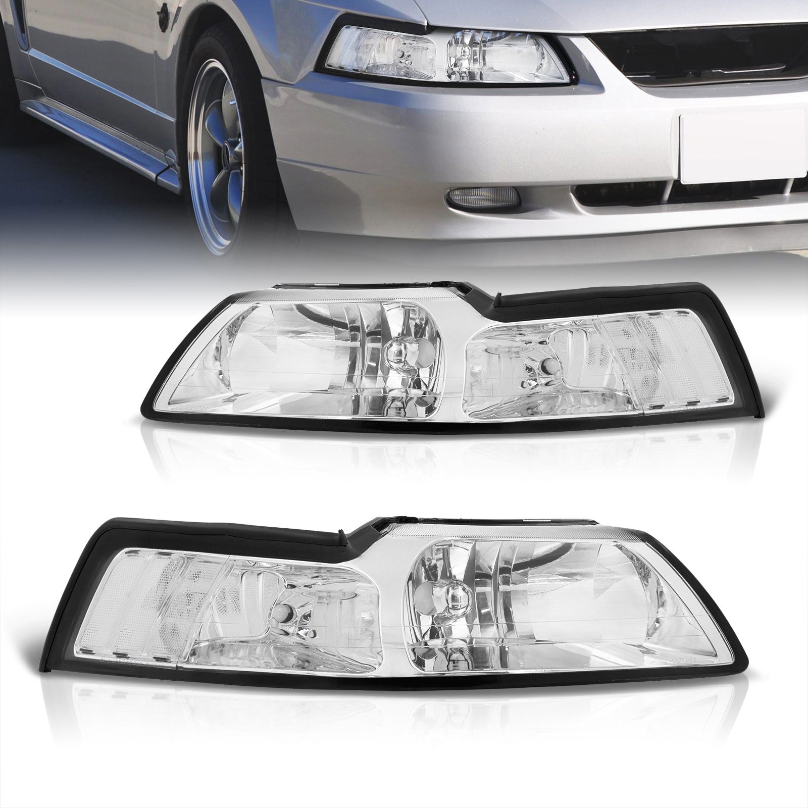 Ford Mustang 1999-2004 Factory Style Headlights Chrome Housing Clear Len Clear Reflector - Parts Agent