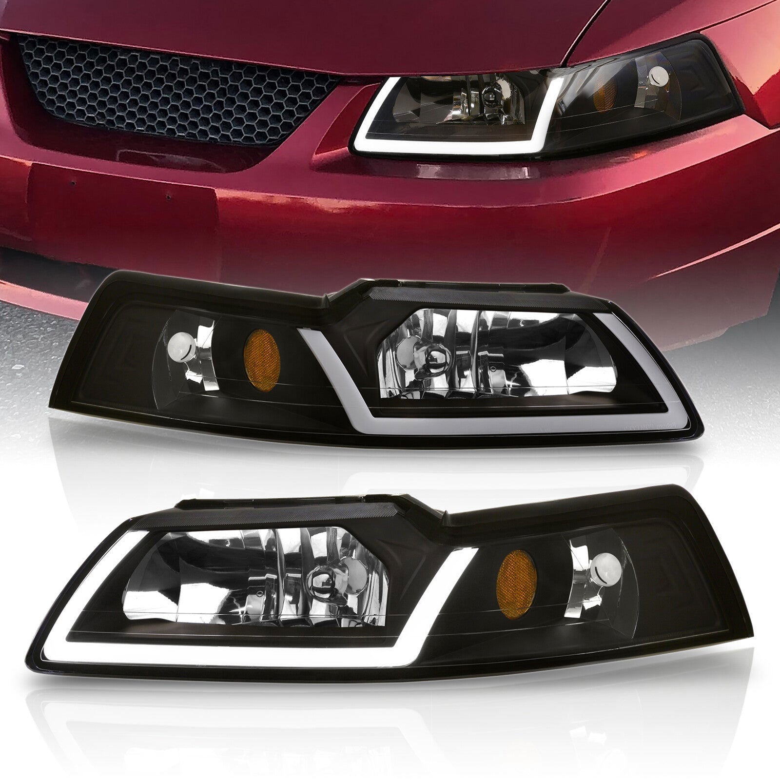 Ford Mustang 1999-2004 LED DRL Bar Factory Style Headlights Black Housing Clear Len Amber Reflector - Parts Agent