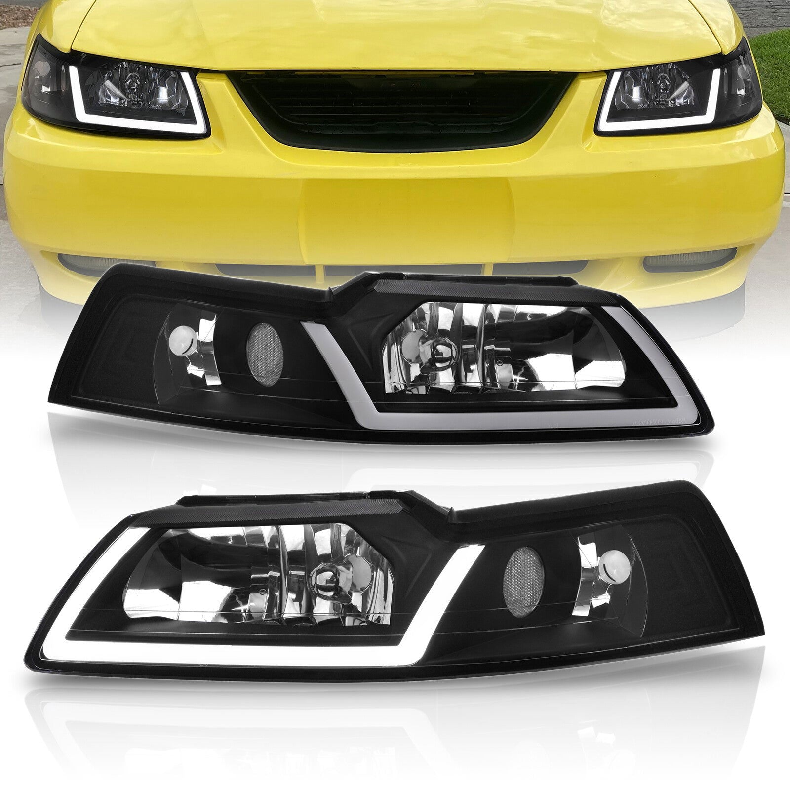Ford Mustang 1999-2004 LED DRL Bar Factory Style Headlights Black Housing Clear Len Clear Reflector - Parts Agent