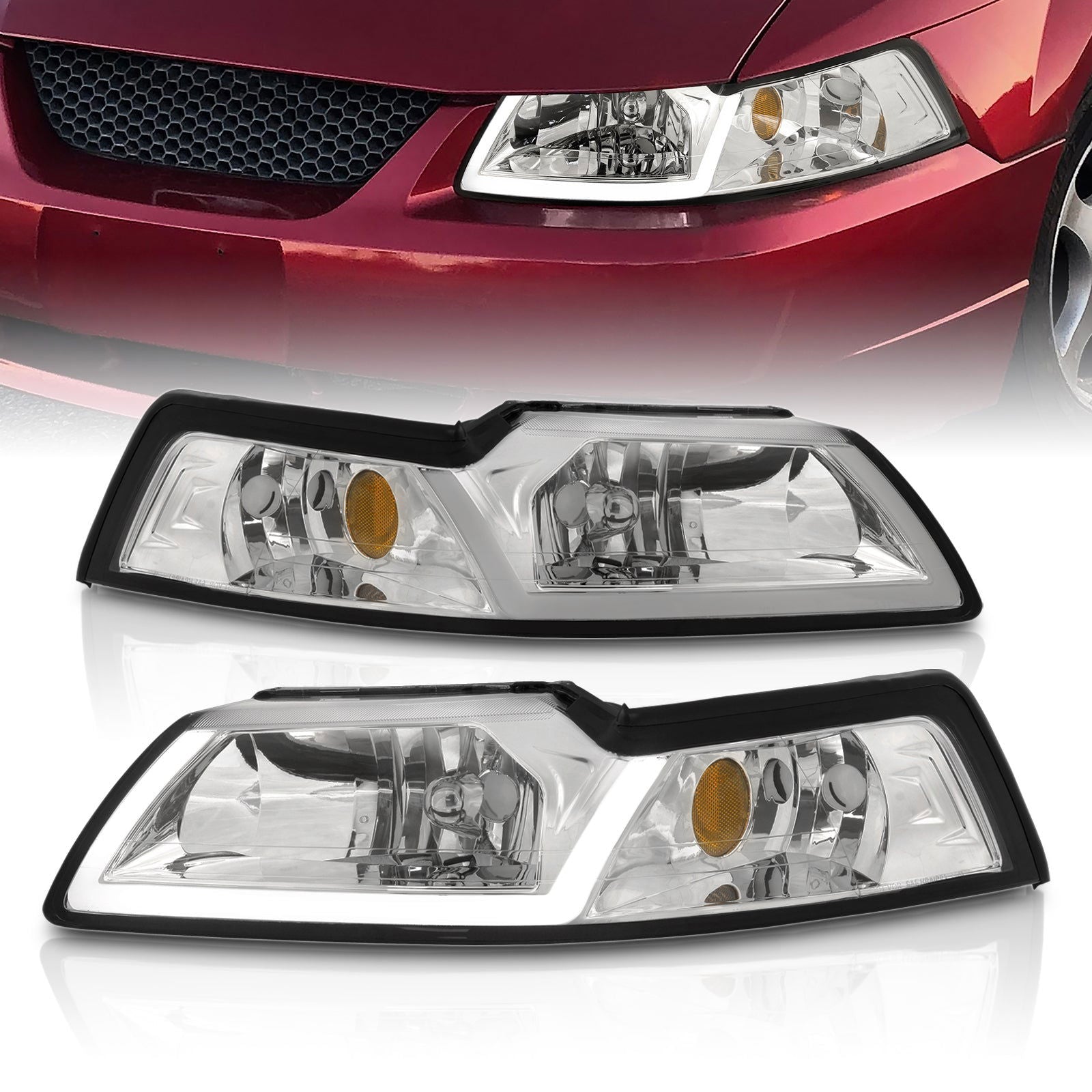 Ford Mustang 1999-2004 LED DRL Bar Factory Style Headlights Chrome Housing Clear Len Amber Reflector - Parts Agent