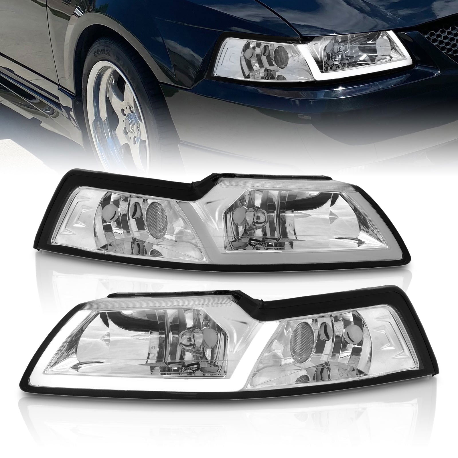 Ford Mustang 1999-2004 LED DRL Bar Factory Style Headlights Chrome Housing Clear Len Clear Reflector - Parts Agent
