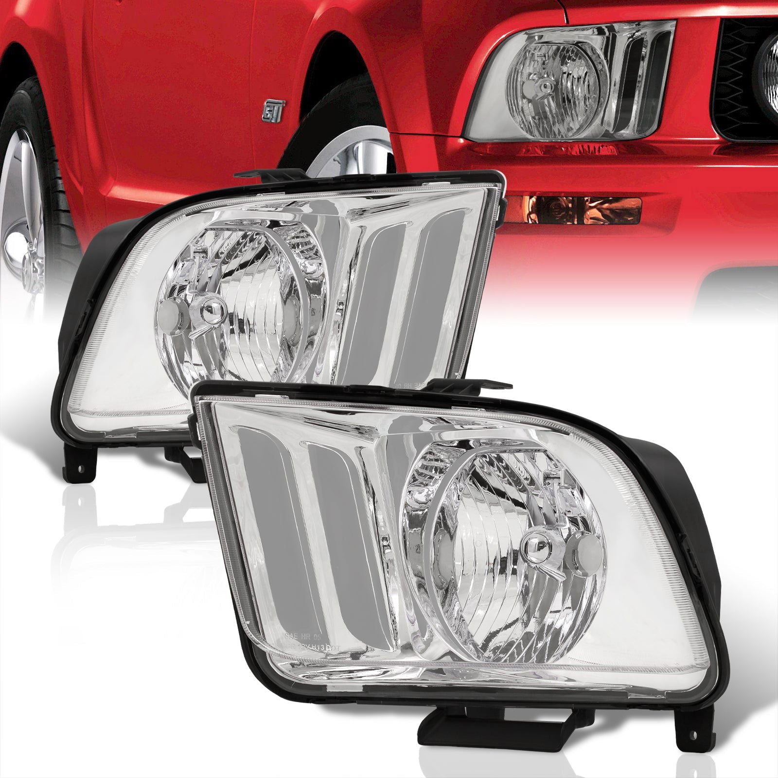 Ford Mustang 2005-2009 Factory Style Headlights Chrome Housing Clear Len Clear Reflector - Parts Agent