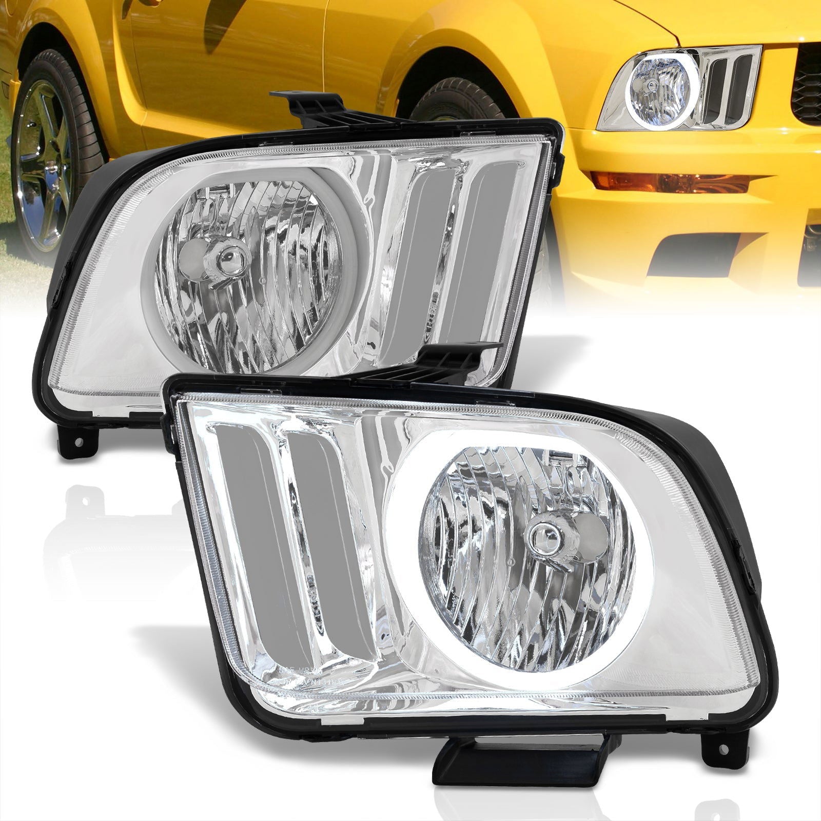 Ford Mustang 2005-2009 LED DRL Halo Headlights Chrome Housing Clear Len Clear Reflector (Halogen Models Only) - Parts Agent