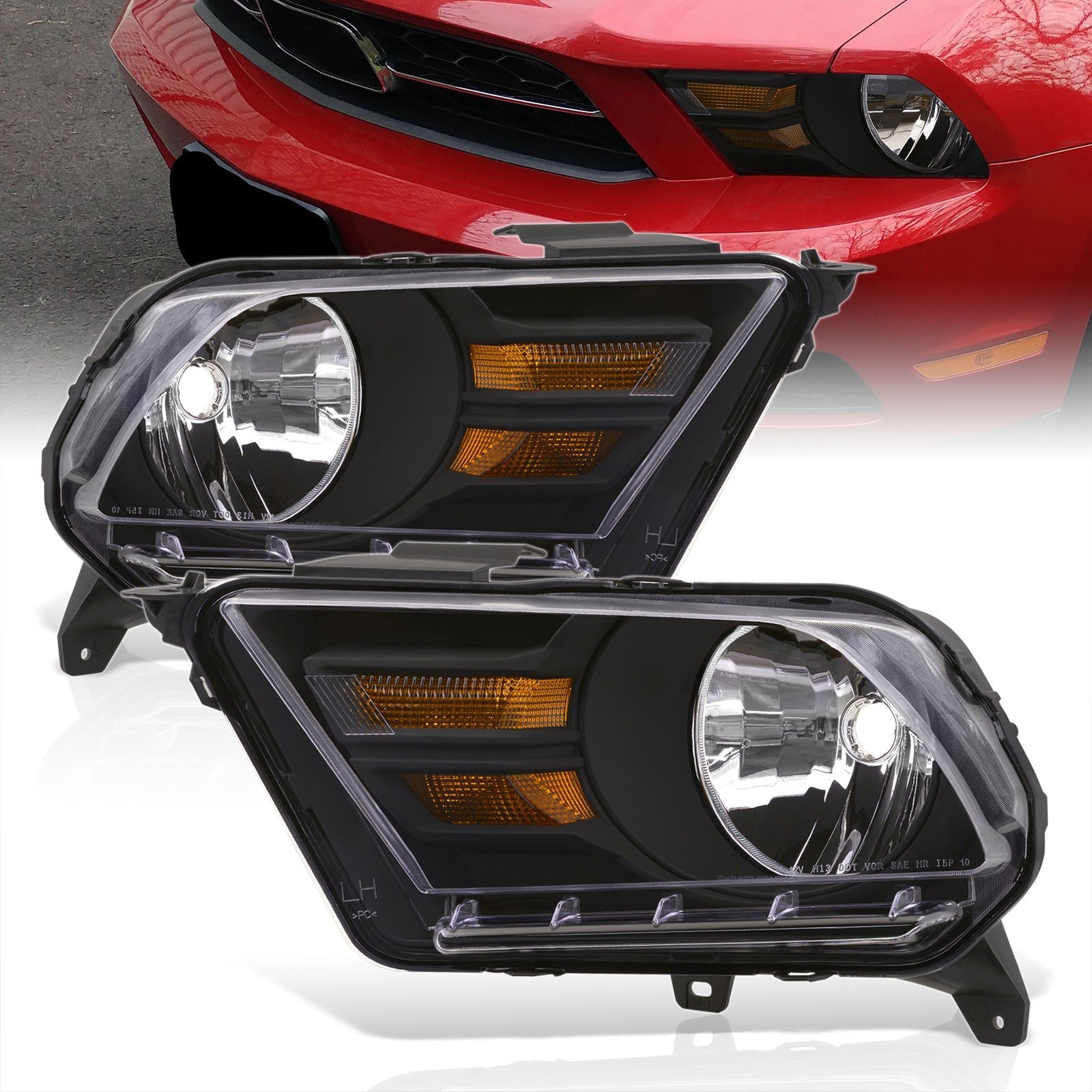 Ford Mustang 2010-2014 Factory Style Headlights Black Housing Clear Len Amber Reflector - Parts Agent