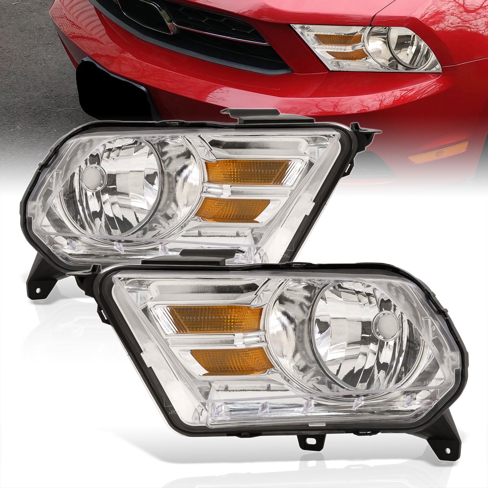 Ford Mustang 2010-2014 Factory Style Headlights Chrome Housing Clear Len Amber Reflector - Parts Agent