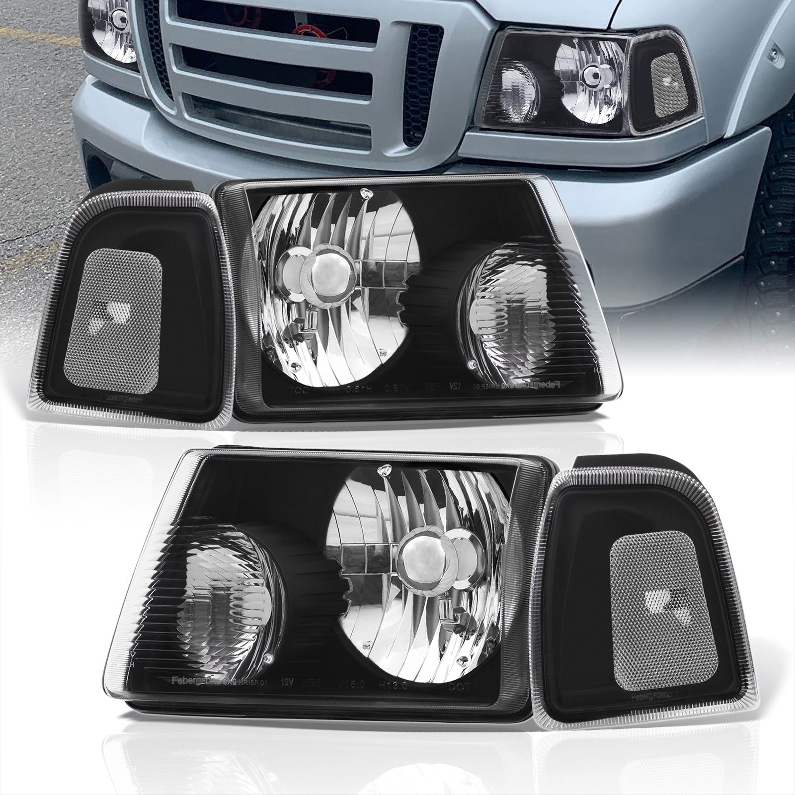 Ford Ranger 2001-2011 Factory Style Headlights + Corners Black Housing Clear Len Clear Reflector - Parts Agent