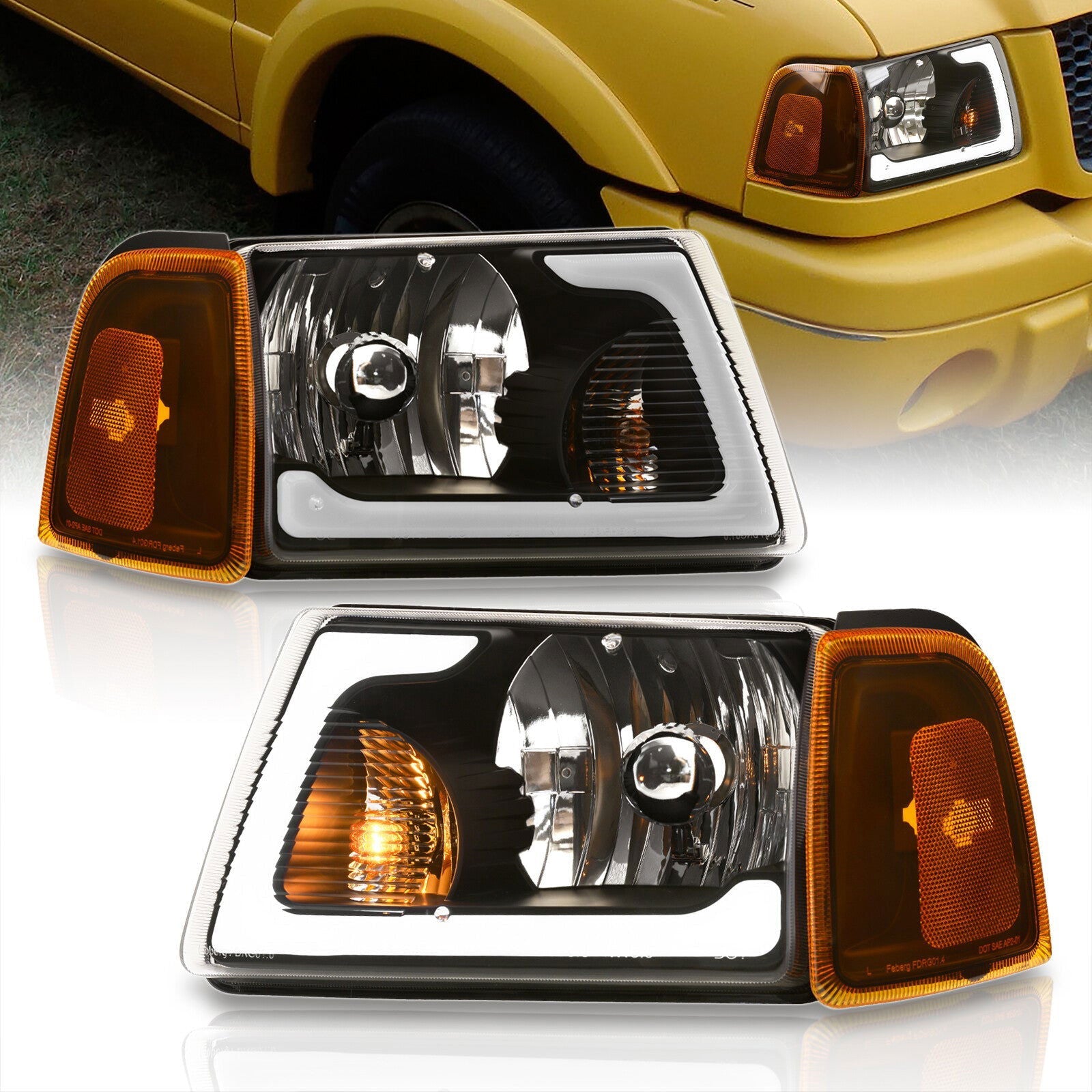 Ford Ranger 2001-2011 LED DRL Bar Factory Style Headlights + Corners Black Housing Clear Len Amber Reflector - Parts Agent