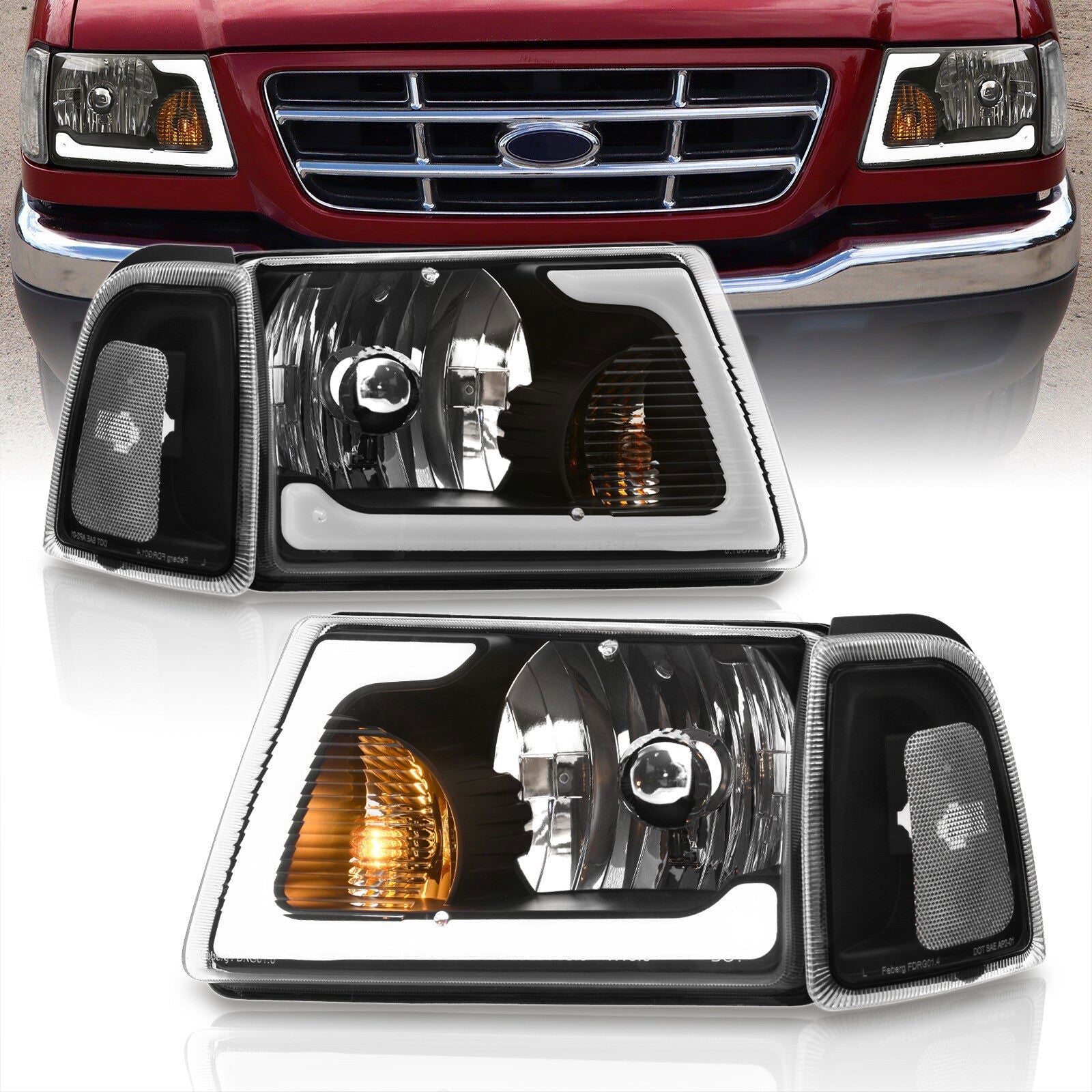 Ford Ranger 2001-2011 LED DRL Bar Factory Style Headlights + Corners Black Housing Clear Len Clear Reflector - Parts Agent