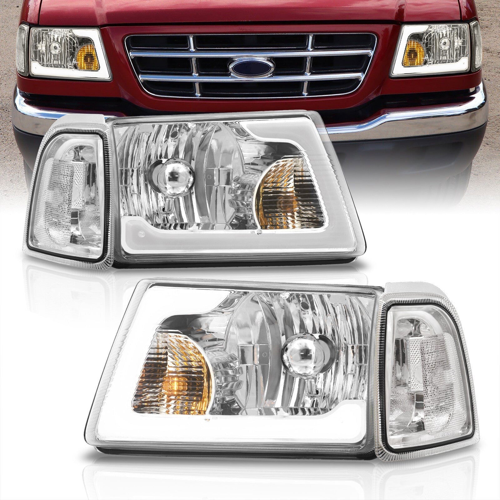 Ford Ranger 2001-2011 LED DRL Bar Factory Style Headlights + Corners Chrome Housing Clear Len Clear Reflector - Parts Agent