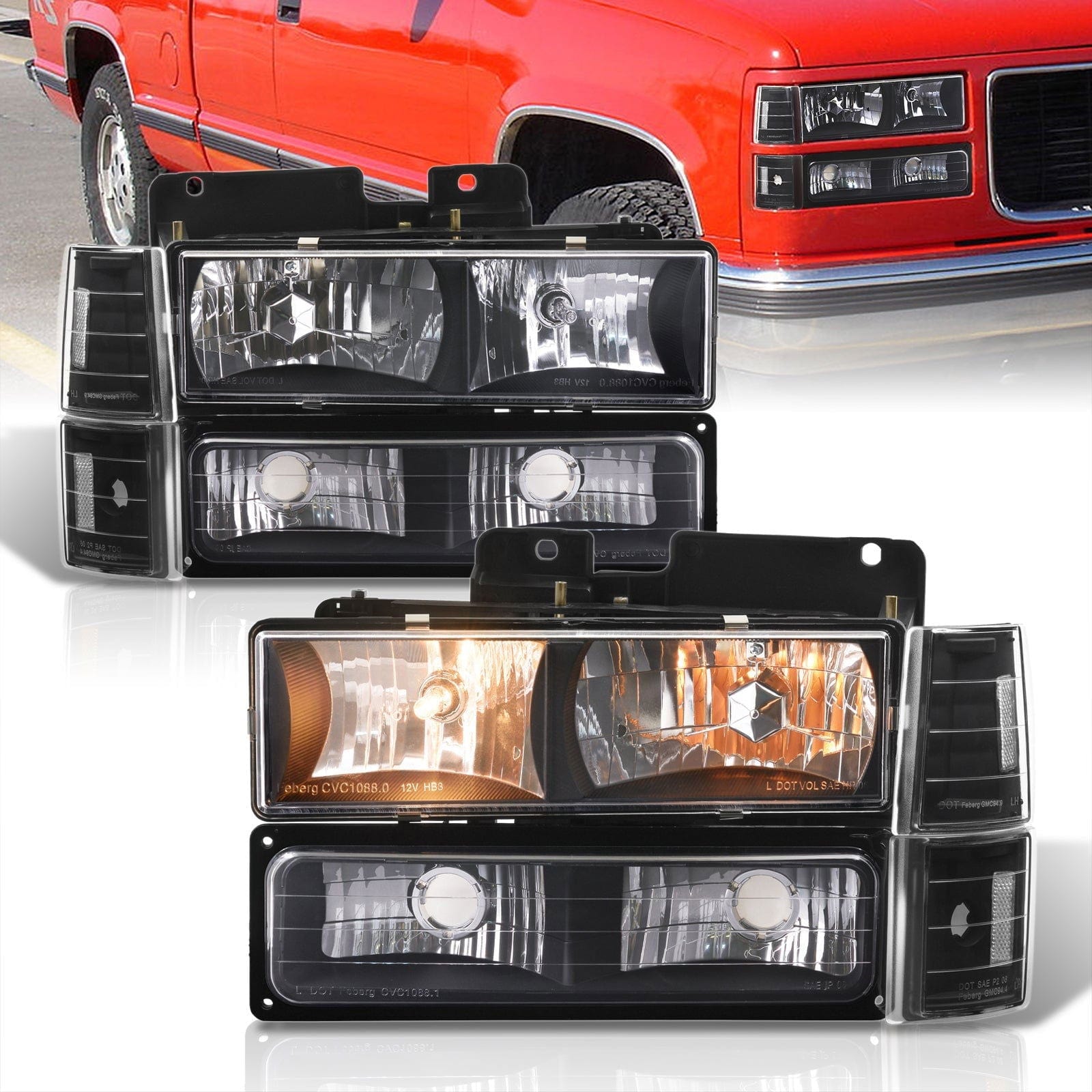 GMC C/K 1500 2500 3500 1994-2000 Factory Style Headlights + Bumpers + Corners Black Housing Clear Len Clear Reflector - Parts Agent
