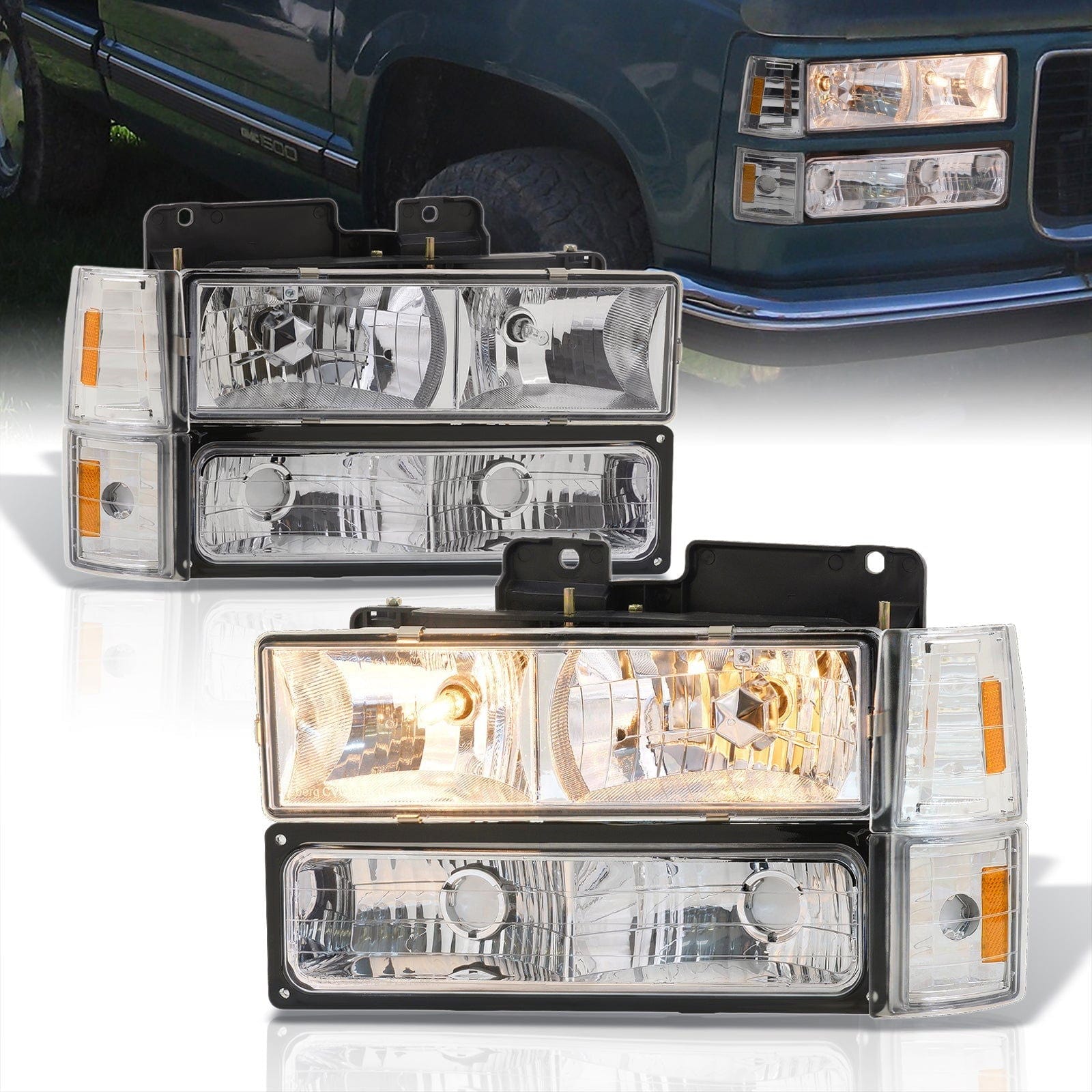 GMC C/K 1500 2500 3500 1994-2000 Factory Style Headlights + Bumpers + Corners Chrome Housing Clear Len Amber Reflector - Parts Agent