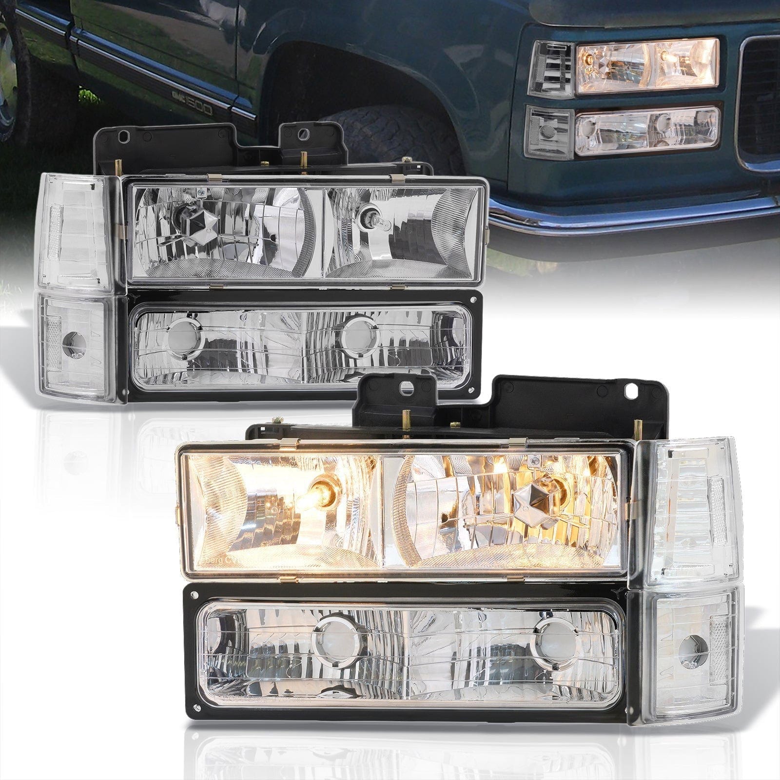 GMC C/K 1500 2500 3500 1994-2000 Factory Style Headlights + Bumpers + Corners Chrome Housing Clear Len Clear Reflector - Parts Agent