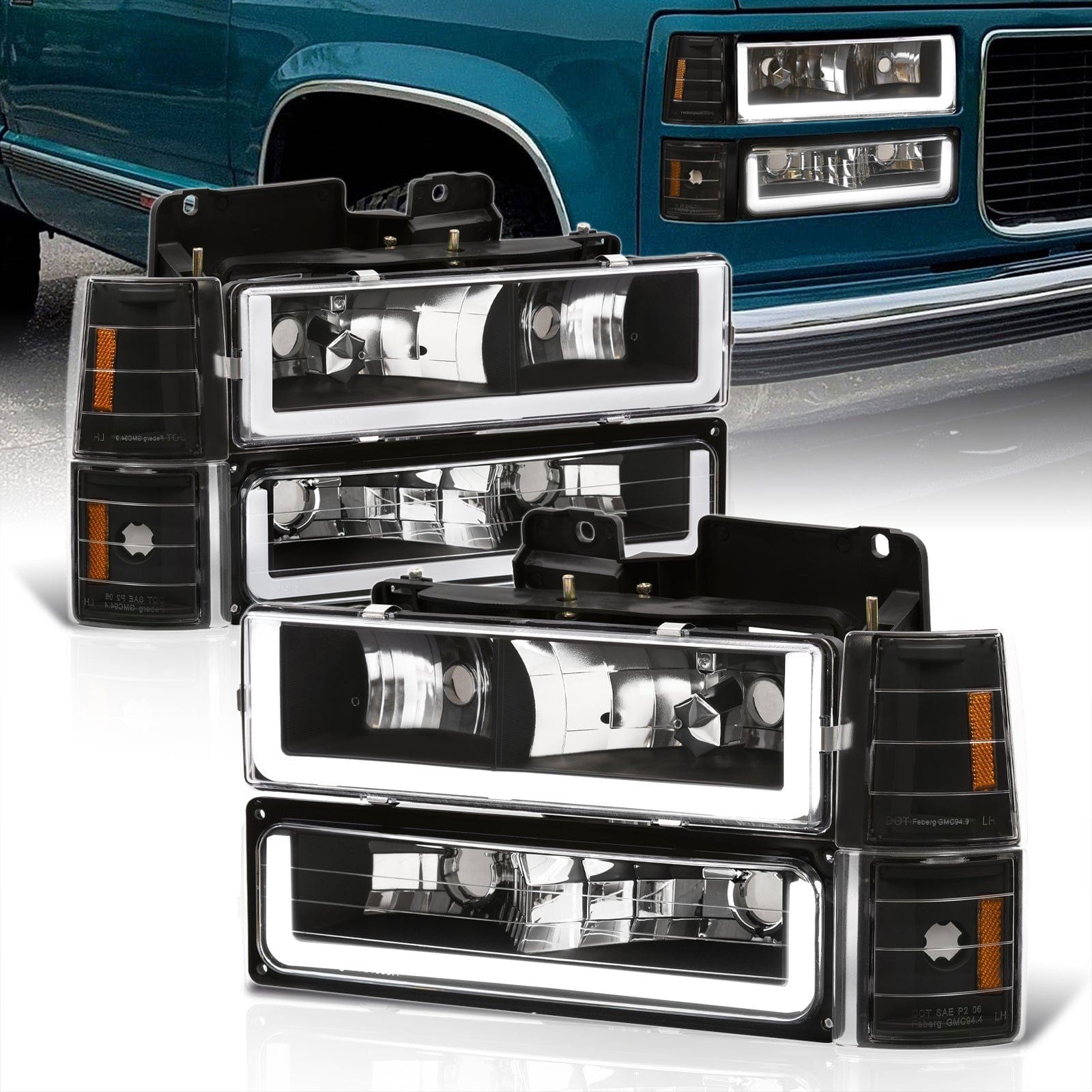 GMC C/K 1500 2500 3500 1994-2000 LED DRL Bar Factory Style Headlights + Bumpers + Corners Black Housing Clear Len Amber Reflector - Parts Agent