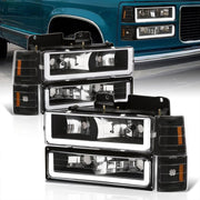 GMC C/K 1500 2500 3500 1994-2000 LED DRL Bar Factory Style Headlights + Bumpers + Corners Black Housing Clear Len Amber Reflector - Parts Agent