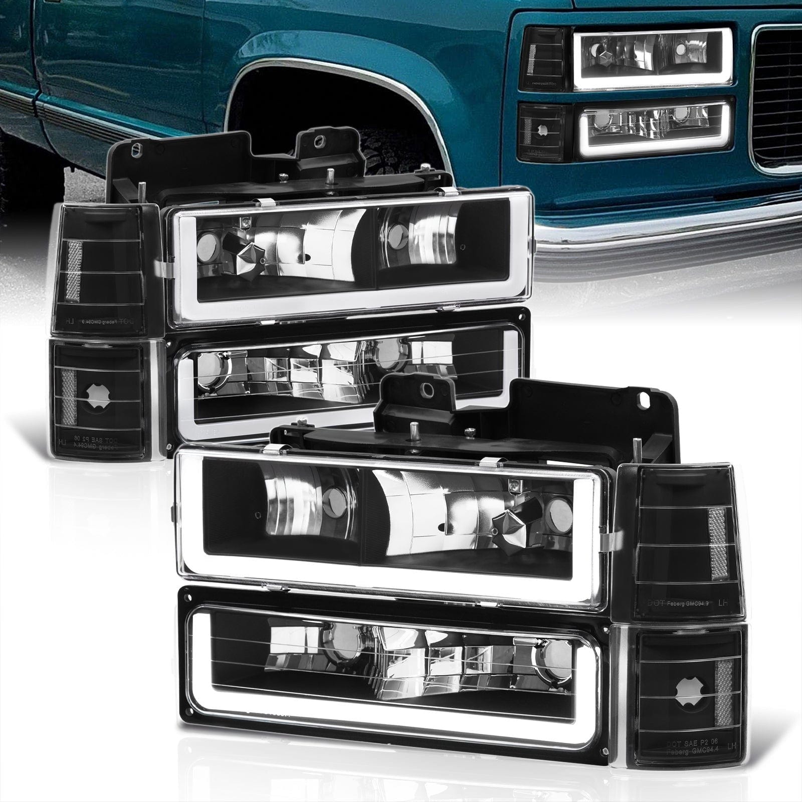 GMC C/K 1500 2500 3500 1994-2000 LED DRL Bar Factory Style Headlights + Bumpers + Corners Black Housing Clear Len Clear Reflector - Parts Agent