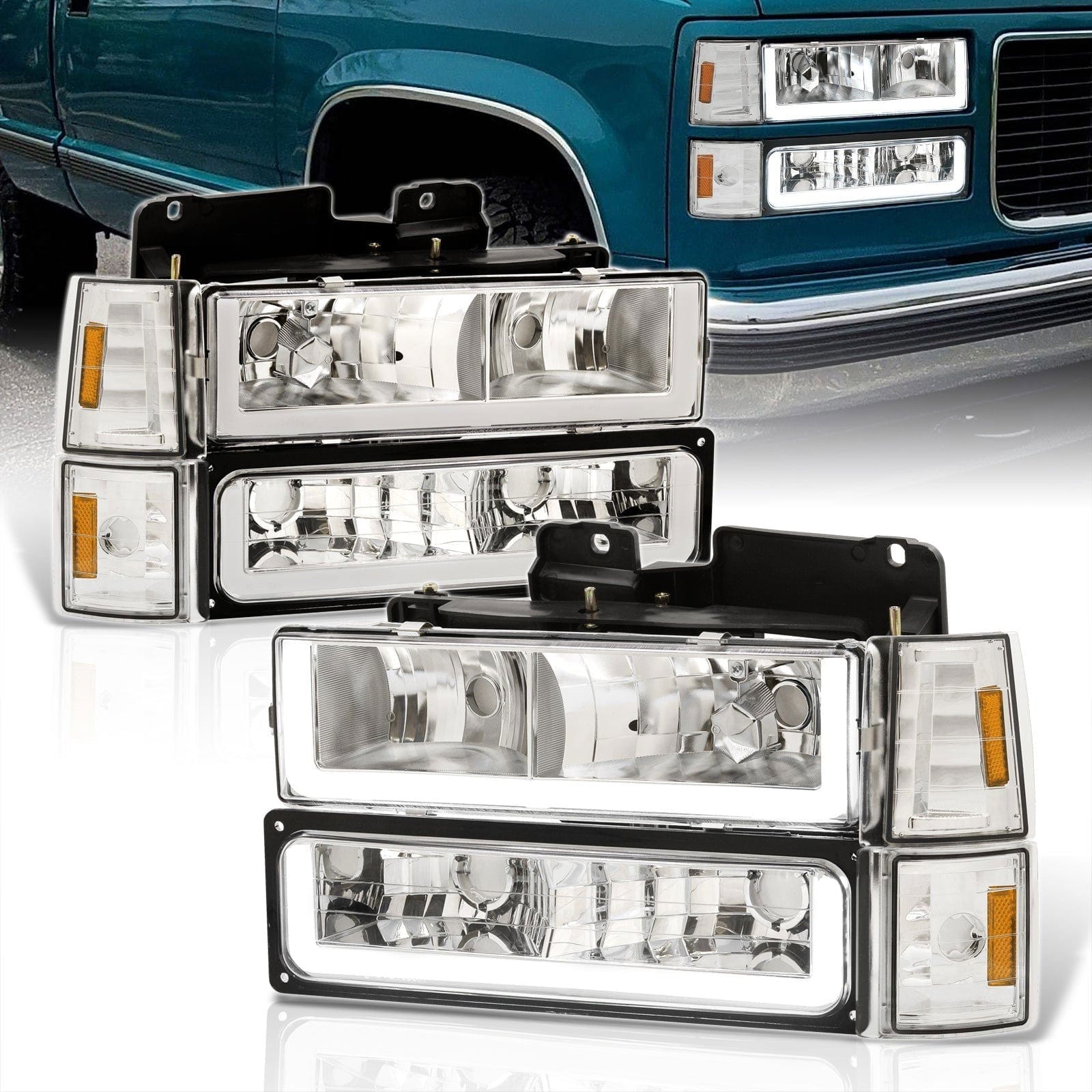 GMC C/K 1500 2500 3500 1994-2000 LED DRL Bar Factory Style Headlights + Bumpers + Corners Chrome Housing Clear Len Amber Reflector - Parts Agent