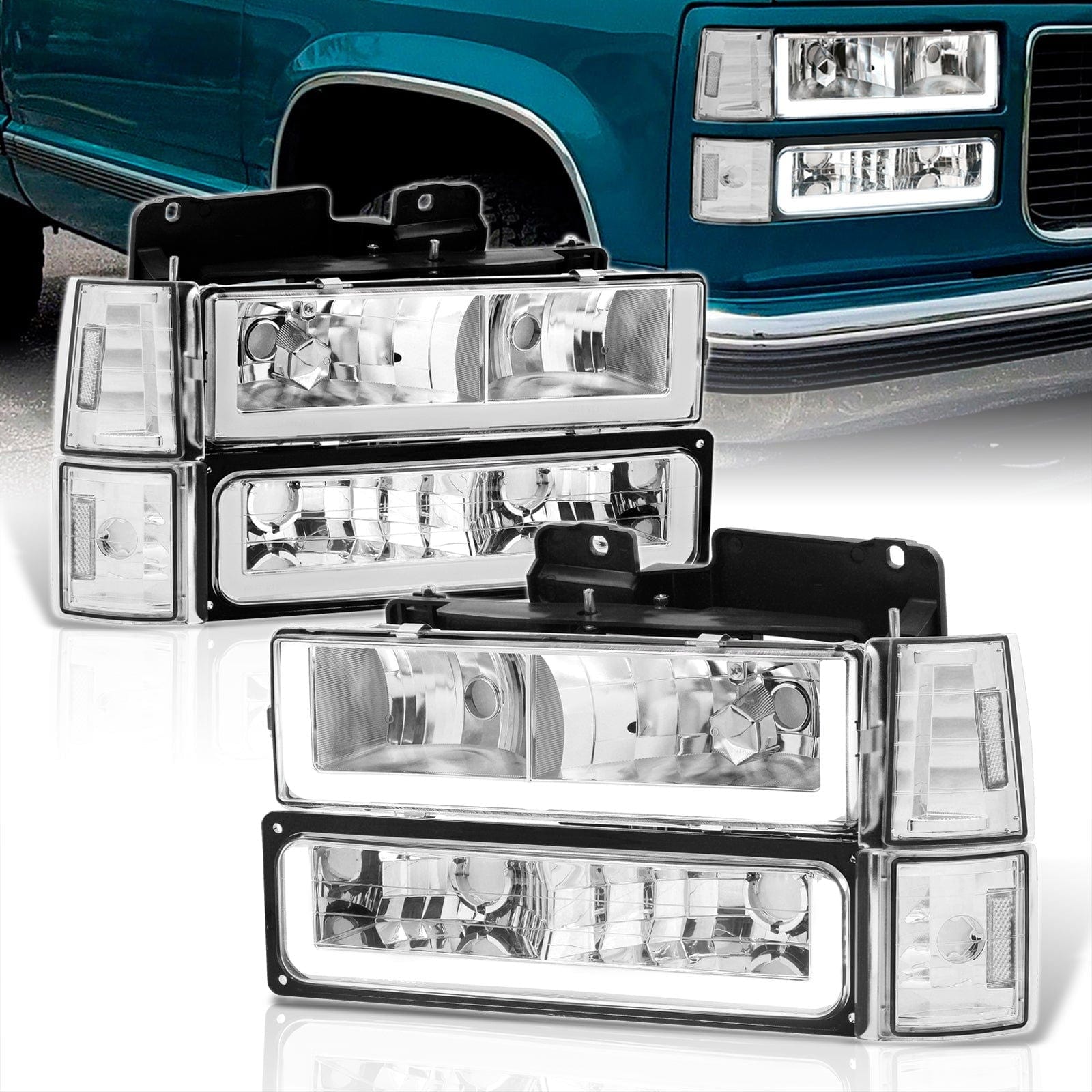 GMC C/K 1500 2500 3500 1994-2000 LED DRL Bar Factory Style Headlights + Bumpers + Corners Chrome Housing Clear Len Clear Reflector - Parts Agent