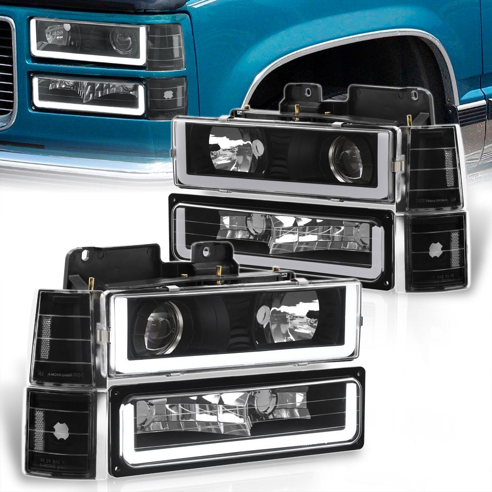 GMC C/K 1500 2500 3500 1994-2000 LED DRL Bar Projector Headlights + Bumpers + Corners Black Housing Clear Len Clear Reflector - Parts Agent