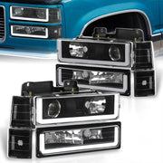 GMC C/K 1500 2500 3500 1994-2000 LED DRL Bar Projector Headlights + Bumpers + Corners Black Housing Clear Len Clear Reflector - Parts Agent