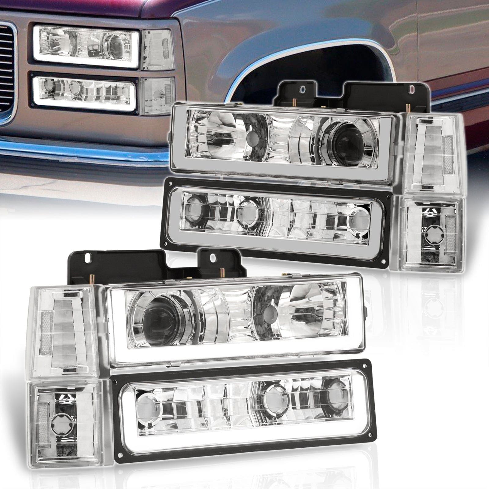 GMC C/K 1500 2500 3500 1994-2000 LED DRL Bar Projector Headlights + Bumpers + Corners Chrome Housing Clear Len Clear Reflector - Parts Agent