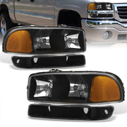GMC Sierra 1500 1500HD 2500 2500HD 3500 1999-2006 / Sierra Classic 2007 / Yukon 2000-2006 / Yukon XL 1500 2500 2000-2006 Factory Style Headlights + Bumpers Black Housing Clear Len Clear Reflector - Parts Agent