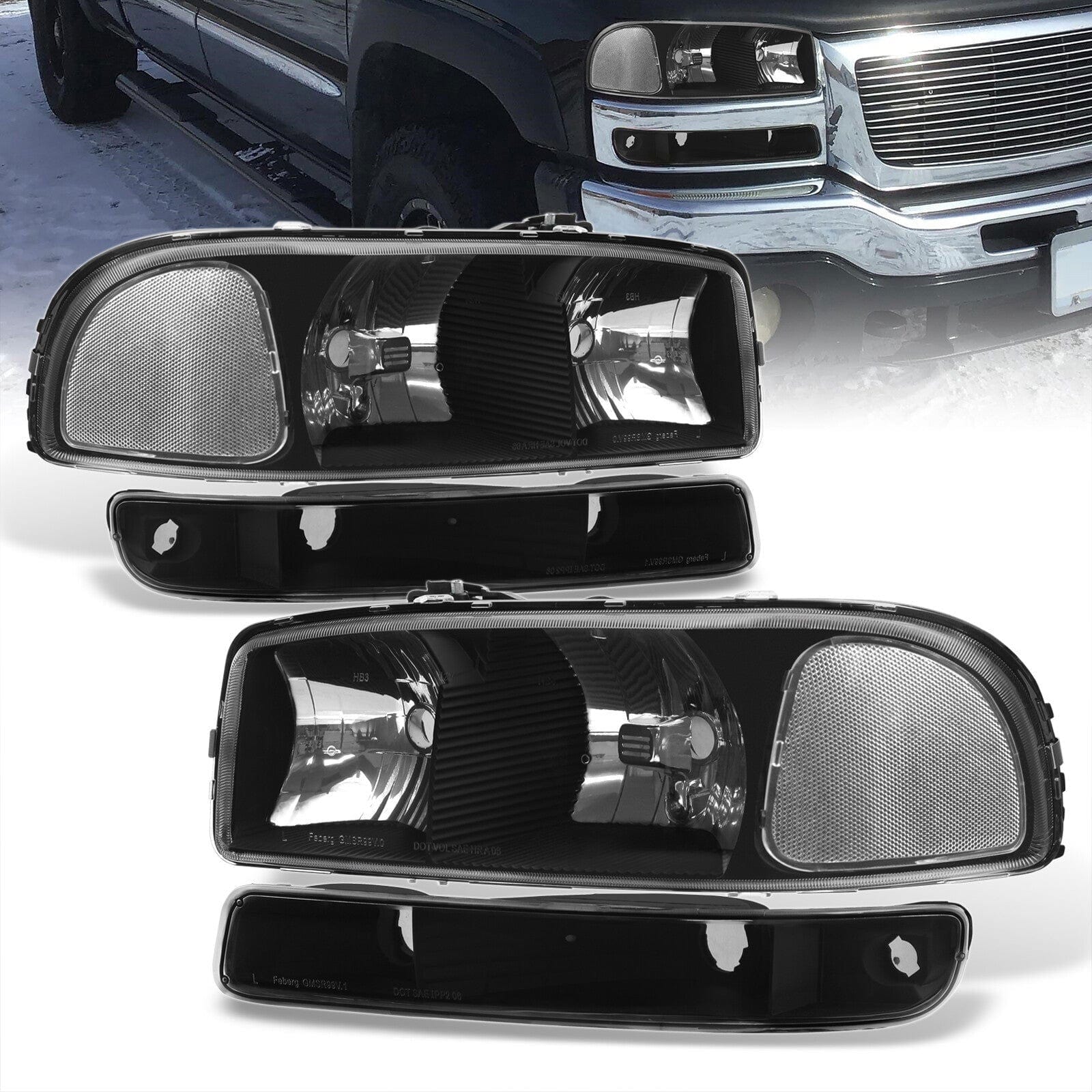 GMC Sierra 1500 1500HD 2500 2500HD 3500 1999-2006 / Sierra Classic 2007 / Yukon 2000-2006 / Yukon XL 1500 2500 2000-2006 Factory Style Headlights + Bumpers Black Housing Clear Len Clear Reflector - Parts Agent