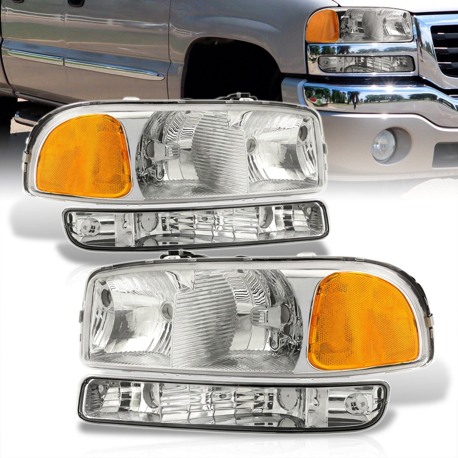 GMC Sierra 1500 1500HD 2500 2500HD 3500 1999-2006 / Sierra Classic 2007 / Yukon 2000-2006 / Yukon XL 1500 2500 2000-2006 Factory Style Headlights + Bumpers Chrome Housing Clear Len Amber Reflector - Parts Agent