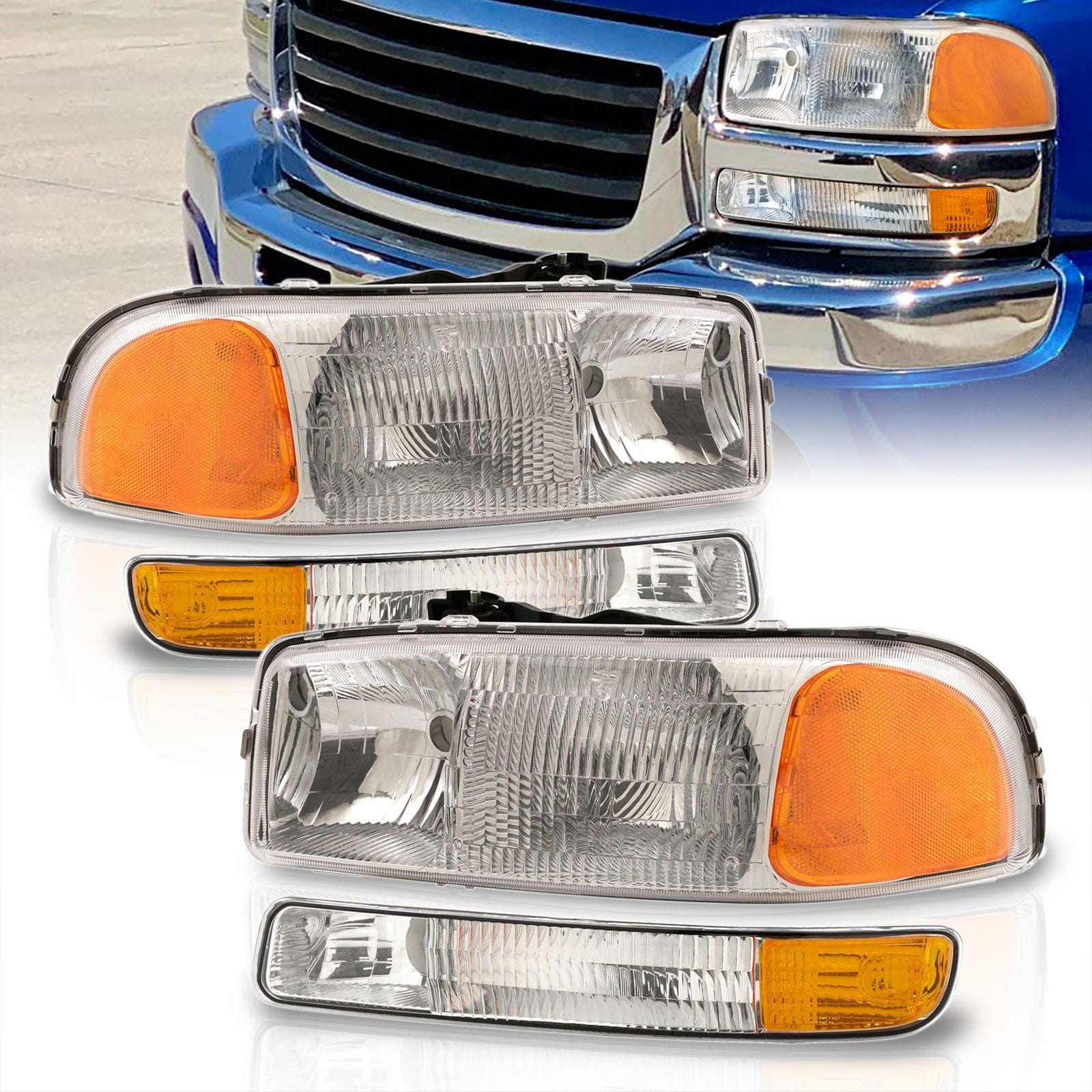 GMC Sierra 1500 1500HD 2500 2500HD 3500 1999-2006 / Sierra Classic 2007 / Yukon 2000-2006 / Yukon XL 1500 2500 2000-2006 Factory Style Headlights + Bumpers Chrome Housing Clear Len Amber Reflector - Parts Agent