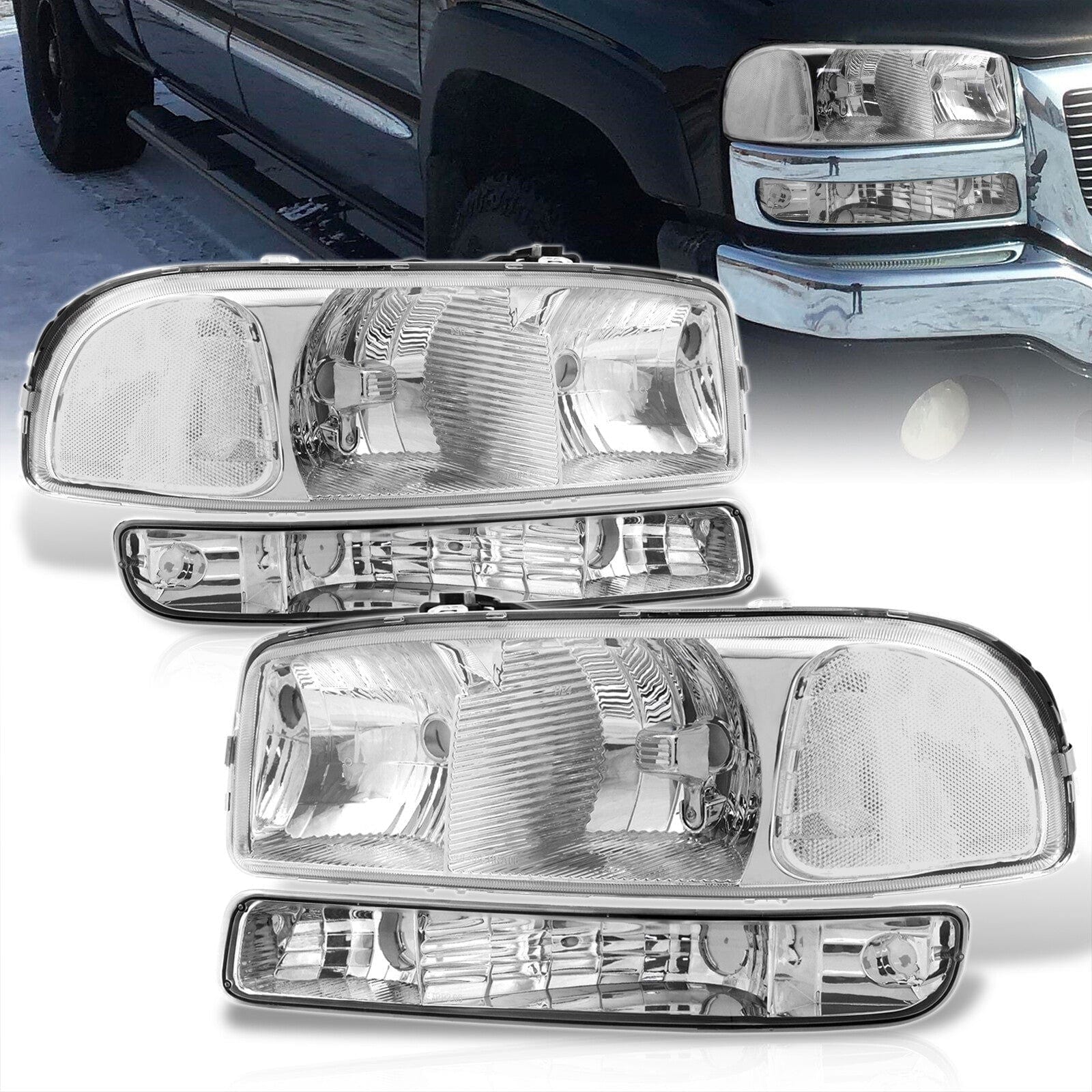 GMC Sierra 1500 1500HD 2500 2500HD 3500 1999-2006 / Sierra Classic 2007 / Yukon 2000-2006 / Yukon XL 1500 2500 2000-2006 Factory Style Headlights + Bumpers Chrome Housing Clear Len Clear Reflector - Parts Agent