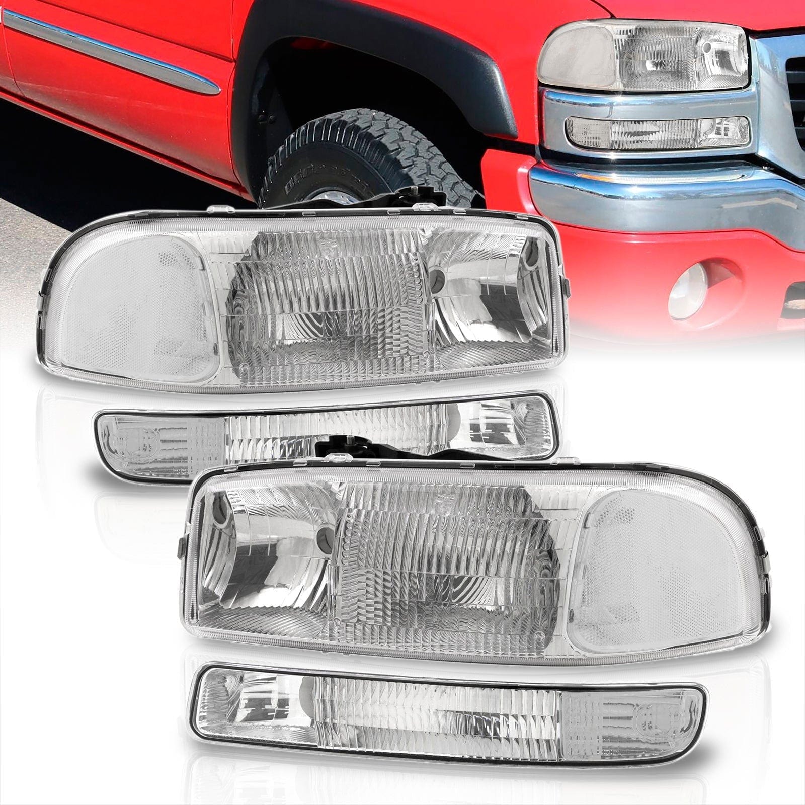 GMC Sierra 1500 1500HD 2500 2500HD 3500 1999-2006 / Sierra Classic 2007 / Yukon 2000-2006 / Yukon XL 1500 2500 2000-2006 Factory Style Headlights + Bumpers Chrome Housing Clear Len Clear Reflector - Parts Agent