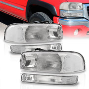 GMC Sierra 1500 1500HD 2500 2500HD 3500 1999-2006 / Sierra Classic 2007 / Yukon 2000-2006 / Yukon XL 1500 2500 2000-2006 Factory Style Headlights + Bumpers Chrome Housing Clear Len Clear Reflector - Parts Agent
